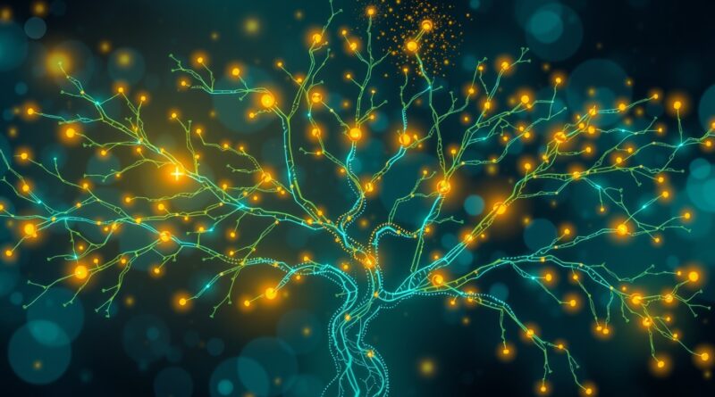 Bioluminescentna sieć neuronowa, drzewo wiedzy. Glowing particles symbolizują odkrycia. Abstrakcja, art nouveau.