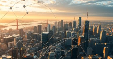 San Francisco przyszłości splecione z sieciami neuronowymi, symbolizuje autonomiczne agenty zmieniające biznes.