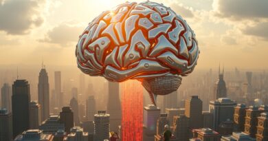 Olbrzymi, mechaniczny mózg nad miastem bankowych wieżowców, symbolizujący AI napędzającą innowacje i produktywność w BBVA.