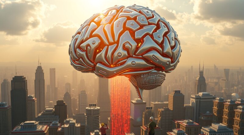 Olbrzymi, mechaniczny mózg nad miastem bankowych wieżowców, symbolizujący AI napędzającą innowacje i produktywność w BBVA.