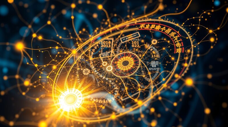 Abstrakcyjna sieć neuronowa ze światła, fraktale, strumienie danych, chińskie znaki, błękity i złoto, ERNIE 4.5.