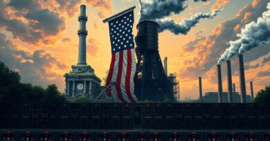 Surrealistyczna wizja dylematu energetycznego USA: połączenie tradycji, nowoczesności, AI i konfliktu.