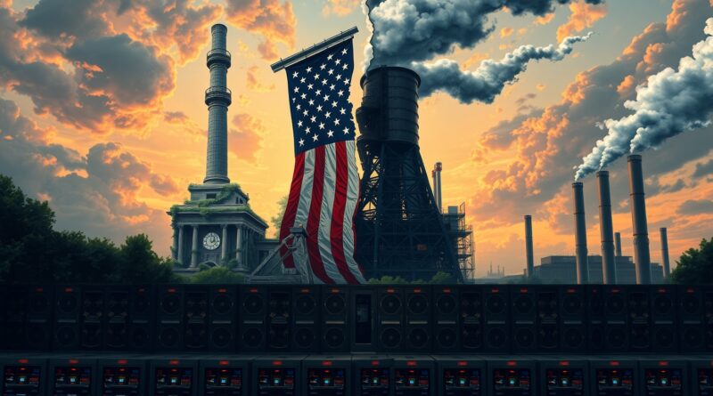 Surrealistyczna wizja dylematu energetycznego USA: połączenie tradycji, nowoczesności, AI i konfliktu.