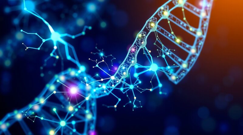 Bioluminescencyjna sieć neuronów na tle podwójnej helisy, symbolizująca grafy wiedzy biomedycznej BioCypher.