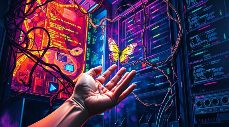 Płonący serwer, kod jako liany, ręka z motylem UI – chaos AI w produkcji.