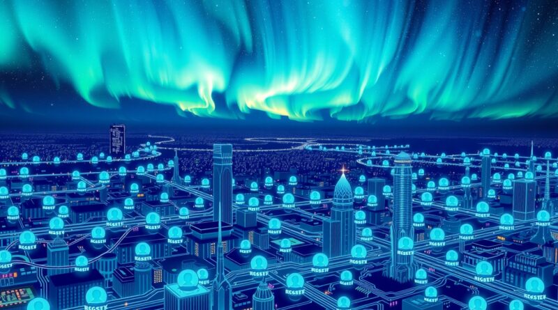 Cyfrowe zorza polarna nad miastem z obwodów drukowanych, konstelacje symbolizują profile użytkowników.