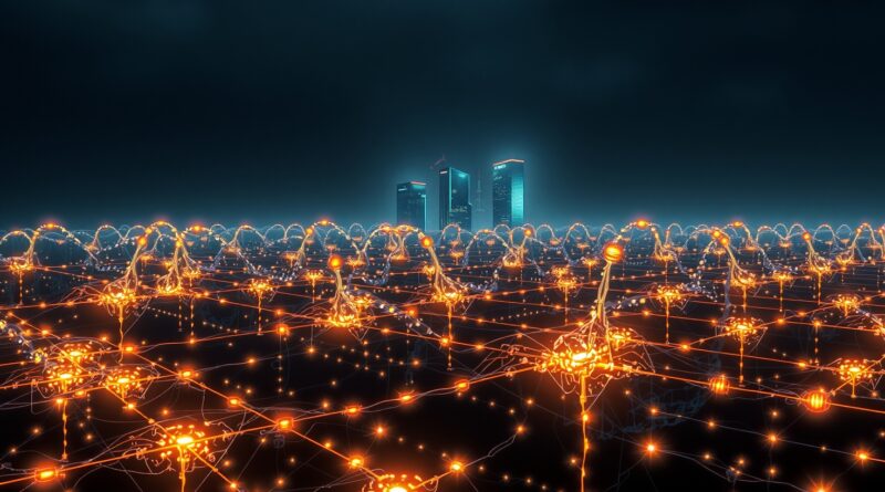 Abstrakcyjna sieć energetyczna spleciona z neuronami, centra danych w tle. Energia AI a koszty energii.