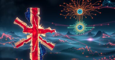 Rozbity Union Jack scalany przez neuronowe sieci na tle cyfrowego chaosu i oka z obwodów.