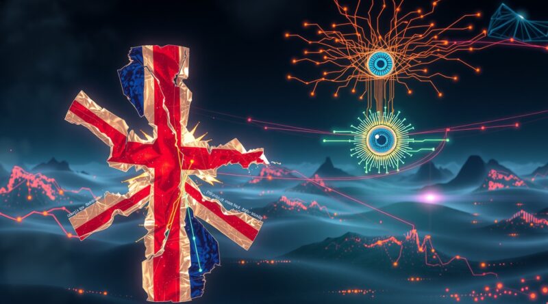 Rozbity Union Jack scalany przez neuronowe sieci na tle cyfrowego chaosu i oka z obwodów.