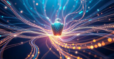 Abstrakcyjne przedstawienie przełącznika Tomahawk Ultra: dane łączą się w futurystyczny monolit.