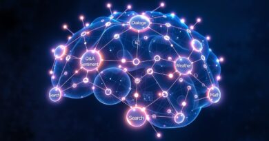 Abstrakcyjna sieć neuronowa symbolizująca wielofunkcyjnego agenta AI, zdolnego do dialogu, analizy sentymentu i innych zadań.