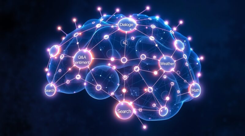 Abstrakcyjna sieć neuronowa symbolizująca wielofunkcyjnego agenta AI, zdolnego do dialogu, analizy sentymentu i innych zadań.