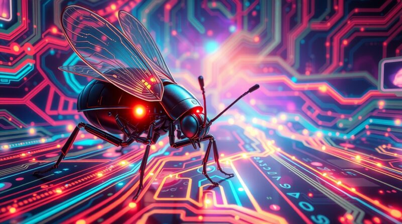 Roboticzny owad (Bugbot) analizuje linie kodu na futurystycznej płycie obwodów w cyberpunkowej stylistyce art nouveau.