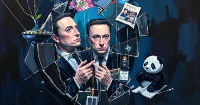 Rozbite lustro zniekształca Elona Muska, marionetkowego władcę anime, pandy i chaosu regulacyjnego. Mroczne kolory.