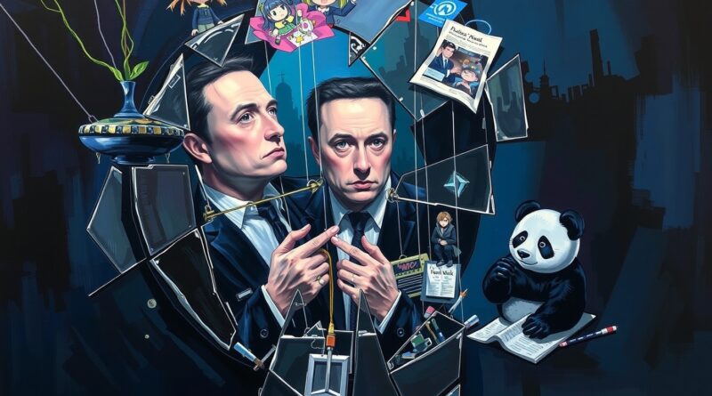 Rozbite lustro zniekształca Elona Muska, marionetkowego władcę anime, pandy i chaosu regulacyjnego. Mroczne kolory.