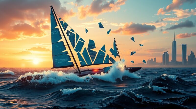 Pęknięty żagiel windsurfingu, składający się w futurystyczną strukturę na tle burzy i korporacyjnych drapaczy chmur.