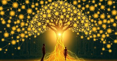 Eteryczna sieć ludzi sięgająca ku świetlistemu drzewu życia, symbolizująca harmonię AI i ludzkich wartości.