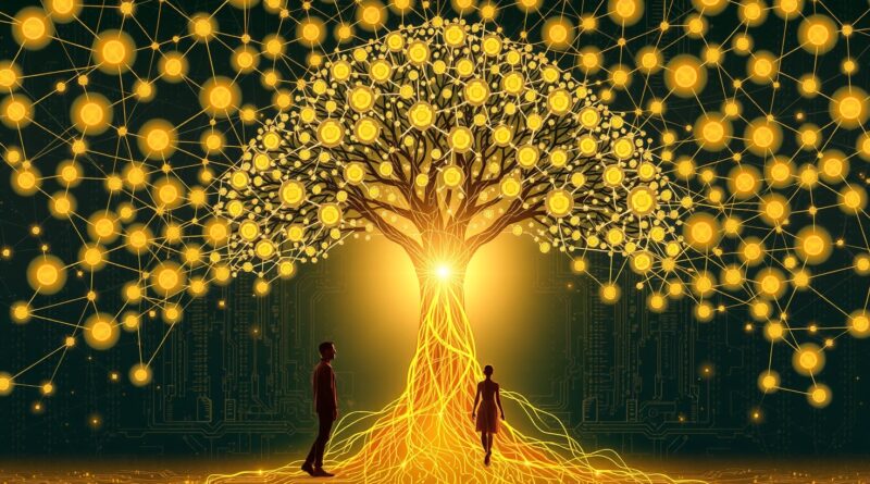 Eteryczna sieć ludzi sięgająca ku świetlistemu drzewu życia, symbolizująca harmonię AI i ludzkich wartości.