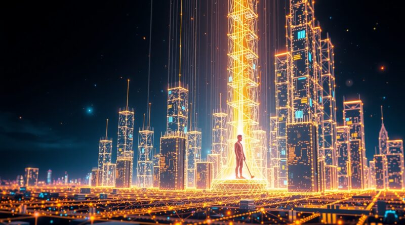 Abstrakcyjna wizja AI konstruującego futurystyczne miasto z kodu, linie światła, błękity, złoto, fiolet.