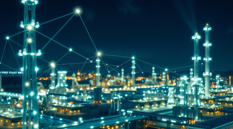 Abstrakcyjna sieć danych na tle nowoczesnego zakładu przemysłowego o zmierzchu. Symbolizuje zaufanie i stabilność CVector.