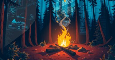 Ognisko w lesie, iskry tworzą wizualizacje danych; AI rewolucjonizuje systemy ERP.