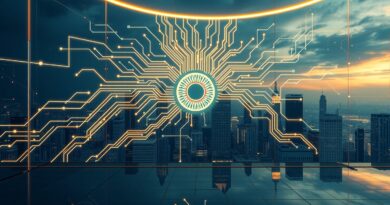 Abstrakcyjna płyta cyfrowa z kocim okiem z sieci neuronowej, miasto i parkiet giełdowy. AI w finansach.