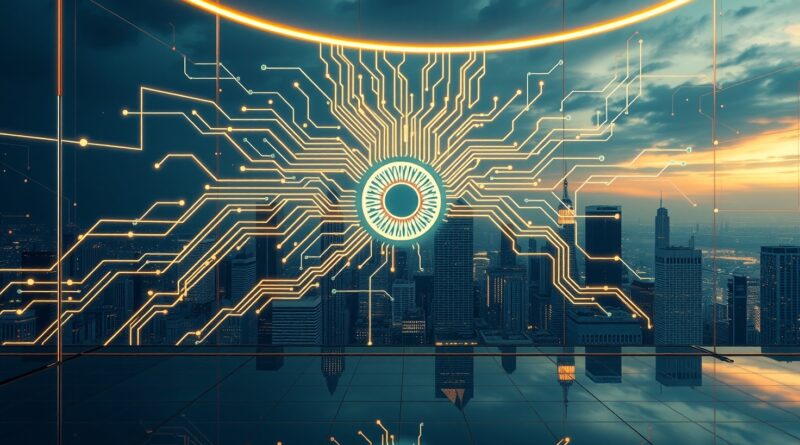 Abstrakcyjna płyta cyfrowa z kocim okiem z sieci neuronowej, miasto i parkiet giełdowy. AI w finansach.