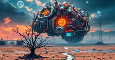 Gigantyczny mózg AI jako centrum danych góruje nad wyschniętą ziemią, symbolizując konflikt technologii i klimatu.