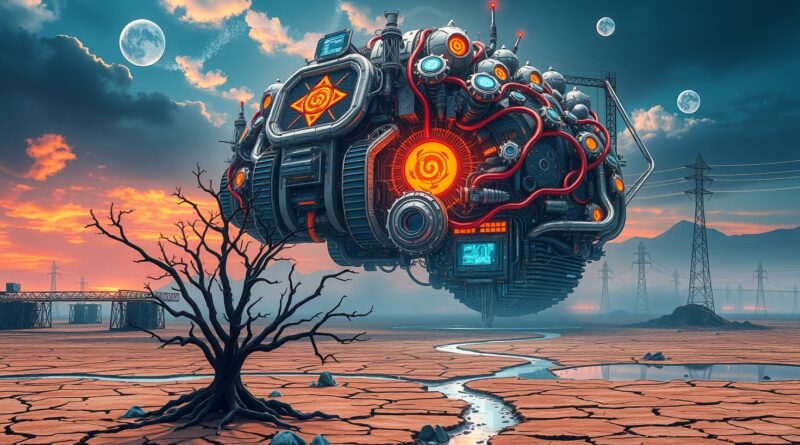 Gigantyczny mózg AI jako centrum danych góruje nad wyschniętą ziemią, symbolizując konflikt technologii i klimatu.