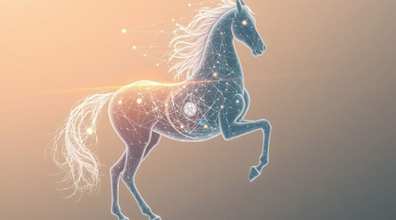 Surrealistyczna wizja Centaura AI: Eteryczny mózg splata się z siecią neuronową, symbolizując połączenie człowieka i sztucznej inteligencji.