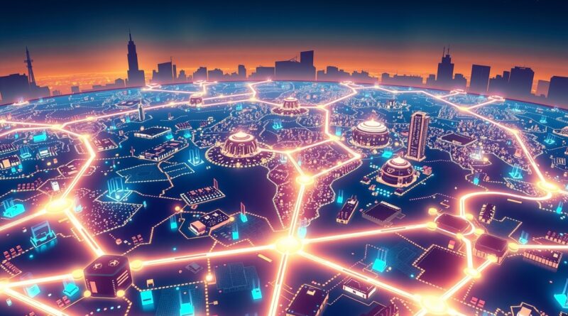 Futurystyczne miasta centrów danych spięte światłowodami, zarys granic państw. Technologia kontra geopolityka.