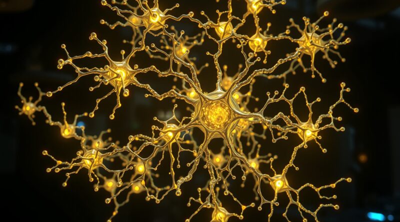 Bioluminescencyjna sieć molekularna przypominająca neurony, przechodząca w przeciwciała, symbolizuje projektowanie leków przez AI.