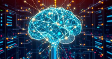 Cyfrowy mózg z neuronami na tle sieci serwerów i strumieni danych. Symbol autonomii AI ChatGPT.