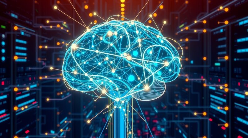 Cyfrowy mózg z neuronami na tle sieci serwerów i strumieni danych. Symbol autonomii AI ChatGPT.