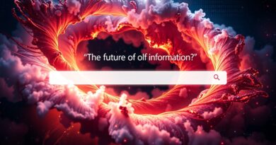 Nebula z kodu binarnego przechodząca w blaknący pasek wyszukiwarki Google. Pytanie: "The future of information?".