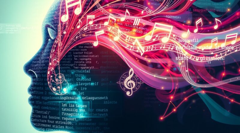 Partytura muzyczna transformuje się w kod, przenikając z interfejsem AI. Fuzja muzyki i technologii.