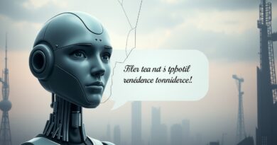 Pęknięte lustro odbija niepewną twarz użytkownika, chatbot prezentuje nonsensowne, choć pewne, odpowiedzi.