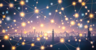 Sieć połączeń symbolizująca globalną regulację AI. Chiny między współpracą a krajowymi priorytetami. Błękity, fiolety, złoto, cyberpunk.