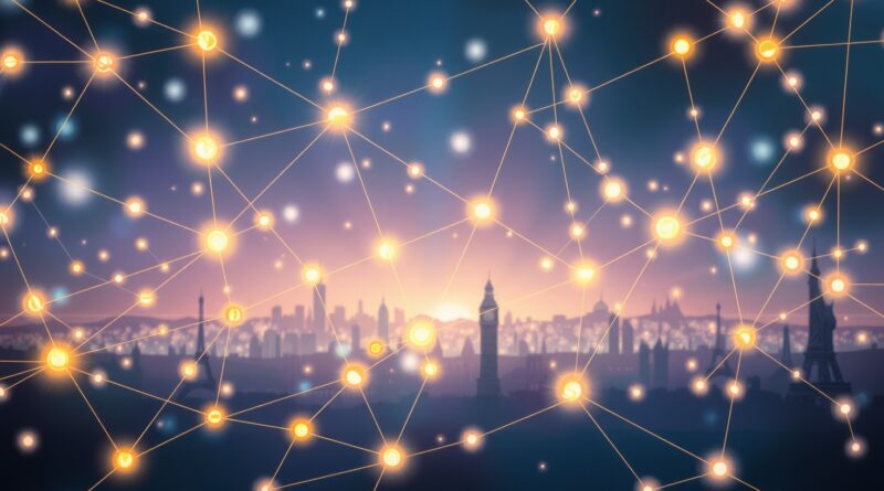 Sieć połączeń symbolizująca globalną regulację AI. Chiny między współpracą a krajowymi priorytetami. Błękity, fiolety, złoto, cyberpunk.