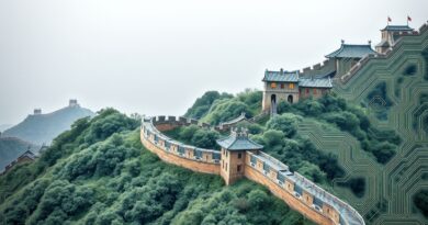 Stylizowana panorama Muru Chińskiego przechodząca w obwód drukowany, symbolizująca połączenie tradycji i postępu AI w Chinach.