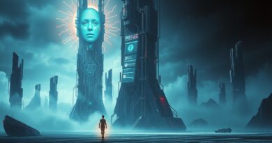 Surrealistyczny krajobraz AI i zdrowia psychicznego: samotna postać wobec przesadnych struktur cyfrowych w chłodnej, niepokojącej kolorystyce.