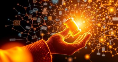 Sieć dokumentów zbiegająca się w cyfrowym młotku, symbolizująca fuzję prawa i AI o wartości miliarda dolarów.