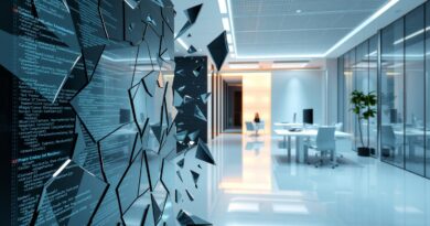 Potłuczone lustro z zniekształconym kodem, przechodzące w wizję minimalistycznego biura z holograficznym asystentem Cluely.