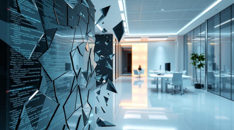 Potłuczone lustro z zniekształconym kodem, przechodzące w wizję minimalistycznego biura z holograficznym asystentem Cluely.