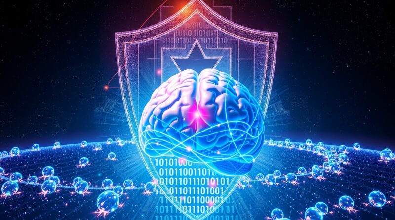 Eteryczna tarcza z kodu binarnego chroni jasny mózg na tle kosmosu. Ochrona prywatności w AI.