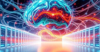 Olbrzymia nebula z kabli światłowodowych w kształcie mózgu, symbolizująca moc AI, na tle futurystycznego centrum danych CoreWeave.