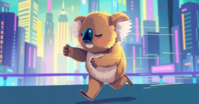 Kursora wyprzedzający Koalę w futurystycznym mieście, symbol przejęcia i rywalizacji w AI.