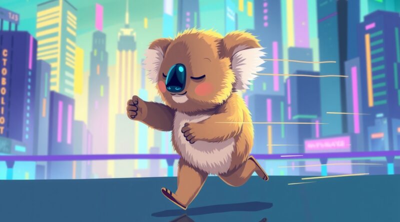 Kursora wyprzedzający Koalę w futurystycznym mieście, symbol przejęcia i rywalizacji w AI.