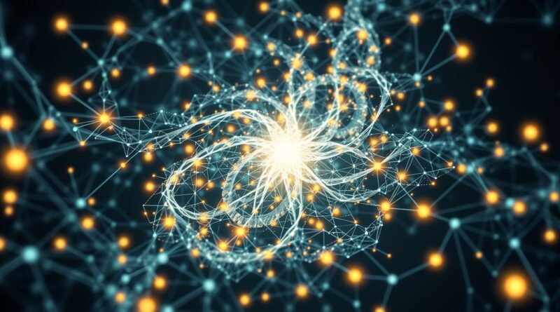 Abstrakcyjna sieć fraktalna AI z danymi i węzłami, symbolizuje czwartą falę sztucznej inteligencji, gotowość przedsiębiorstw.