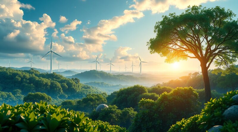 Surrealistyczny krajobraz: krzemowe płytki przechodzą w roślinność, energia słoneczna, turbiny wiatrowe, sieci neuronowe AI.